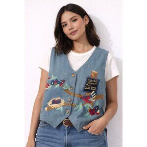 Vintage 90s Westbound Cottagecore Embroidered Cotton Vest Tie Back L